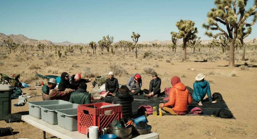 a group of people sit at camp in Joshua Tree National Park